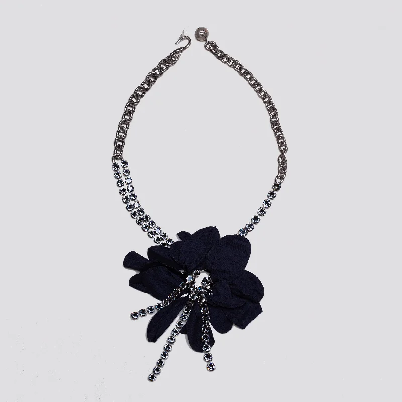 Simple Long Necklace For Day Wear-Vintage Lanvin Fabric Flower Chain Necklace with Crystals