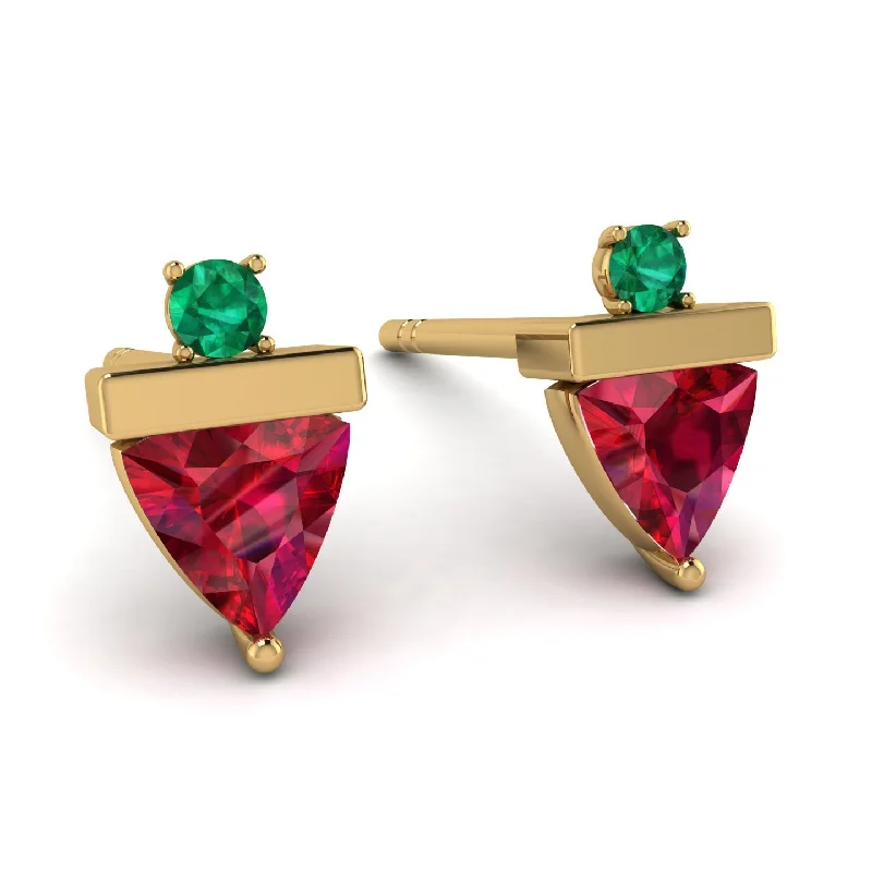 Handcrafted Gemstone Earrings For Gifts-Triangle Ruby Earrings With Round Stone - Estella No. 25