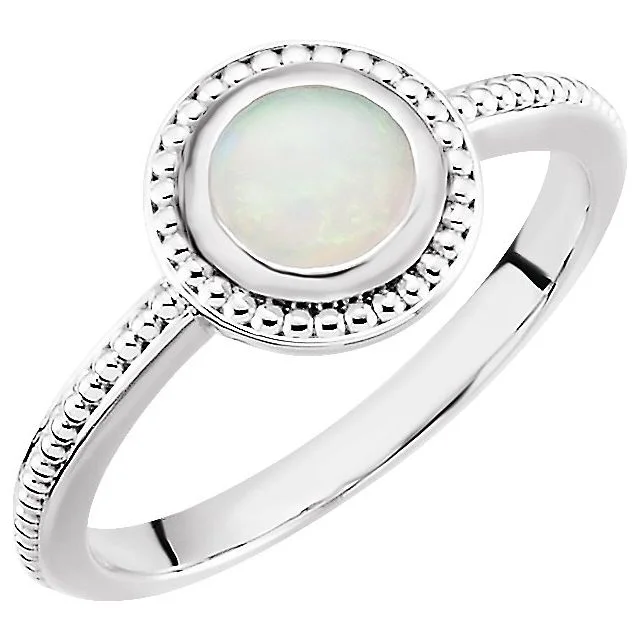 Luxury Gold Rings For Wedding Day-14k White Gold Round Genuine Australian Opal Beaded Design Ring