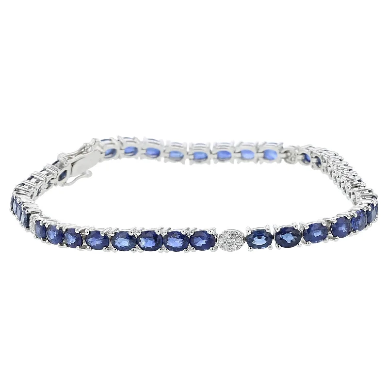 Holiday Gift Bracelets For Women-14K White Gold Oval Sapphire and Diamond Bracelet