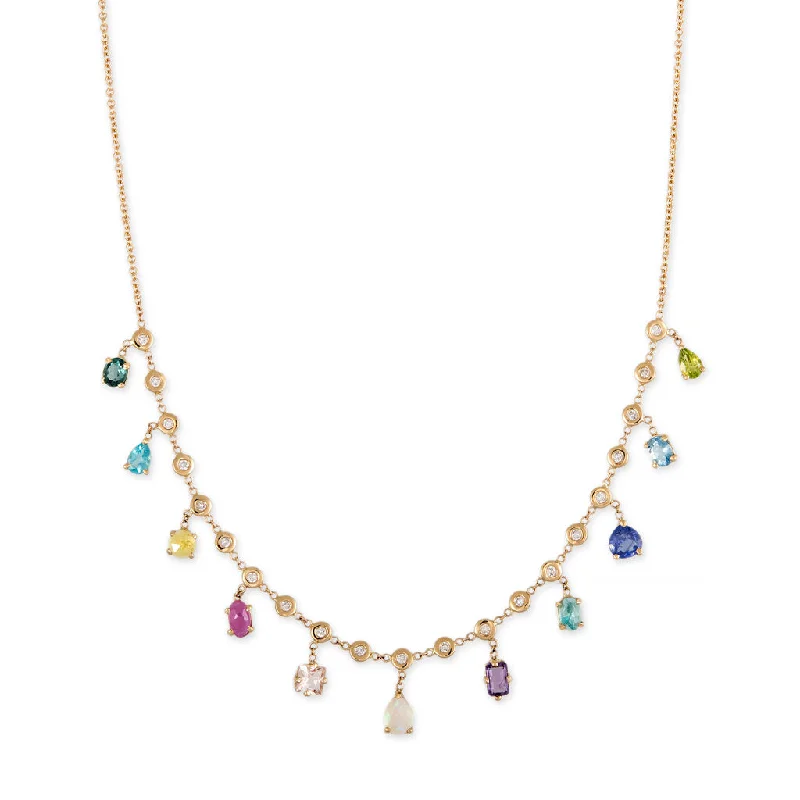 Sparkling Gold Necklace For Evening Parties-MULTI SHAPE GEMSTONE + DIAMOND SHAKER NECKLACE