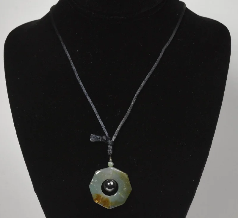 Handmade Gemstone Necklace For Special Occasions-Nephrite Jade and Magnetite Pendant on Black Silk Cord Necklace