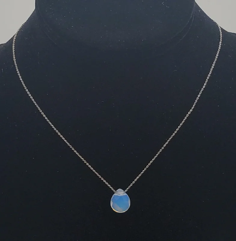 Classic Crystal Necklace For Elegant Occasions-Opaline Glass Faceted Teardrop Pendant on Chain Necklace - 16" +3 1/4" extension