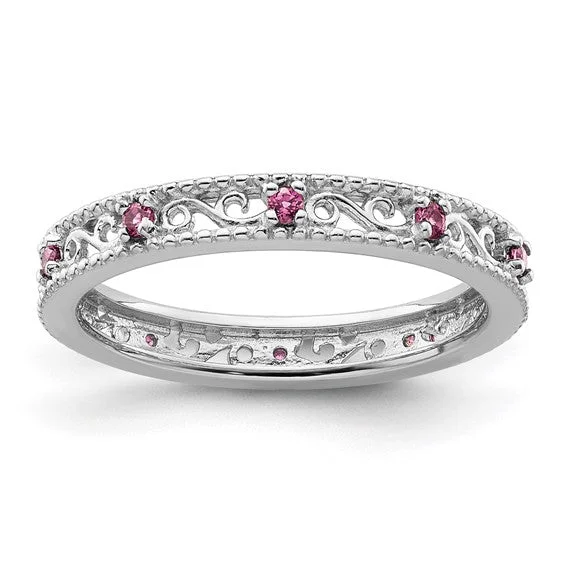 Custom Engagement Rings For Her Birthday-Sterling Silver Stackable Expressions Rhodolite Garnet Filigree Ring