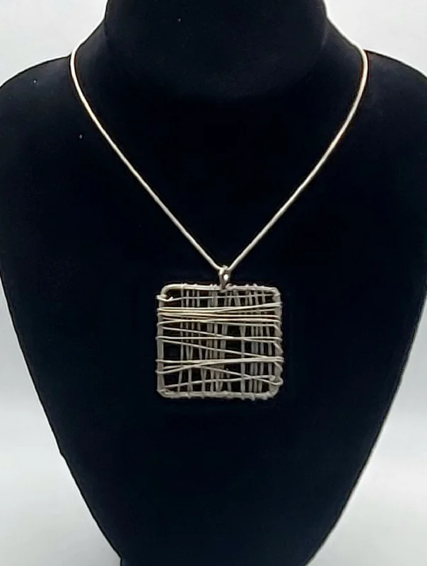 Personalized Charm Necklace For Jewelry Lovers-Handmade Wire Wrapped Square Pendant on Silver Tone Chain Necklace - 17"