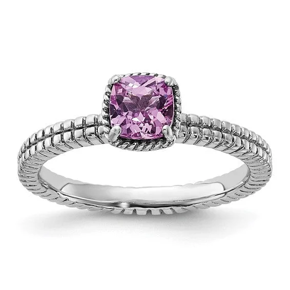 Sparkling Gemstone Engagement Rings For Bridesmaids-Sterling Silver Stackable Expressions Pink Sapphire Cushion Ring