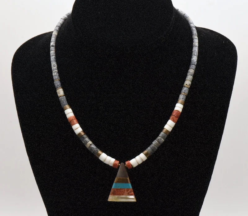 Elegant Diamond Pendant Necklace For Special Events-Vintage Handmade Beaded Necklace with Triangle Multi-Stone Inlaid Pendant - 17.5"