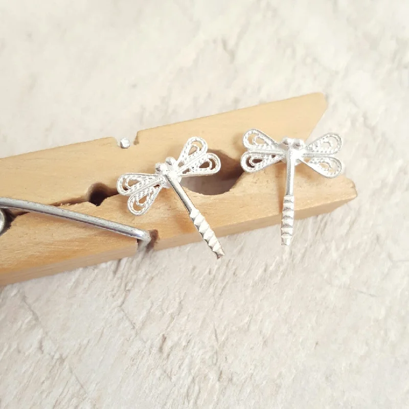 Vintage-Inspired Drop Earrings For Evening-Silver Dragonflies