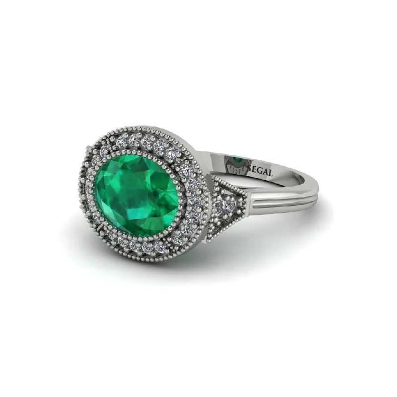 Classic Gold Rings For Elegant Weddings-Oval Cut Emerald Milgrain Halo Engagement Ring - Alexandria No. 6