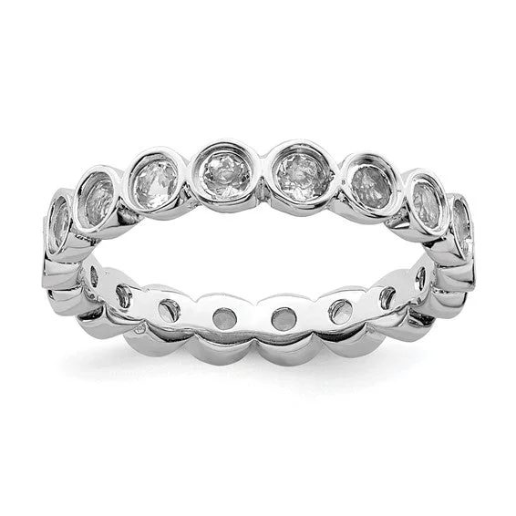 Classic Titanium Wedding Bands For Grooms-Sterling Silver Stackable Expressions Bezel Round White Topaz Eternity Ring