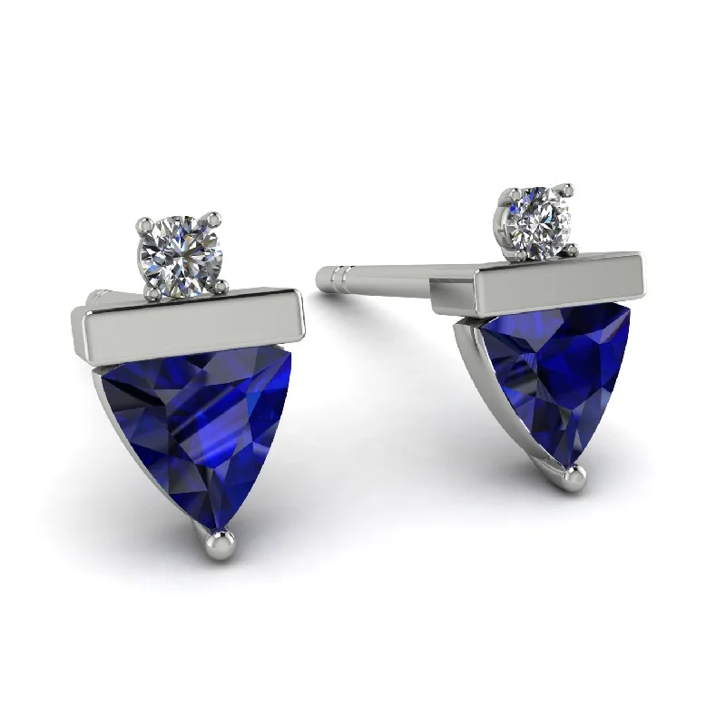 Geometric Silver Earrings For Modern Look-Triangle Sapphire Earrings With Round Stone - Estella No. 15