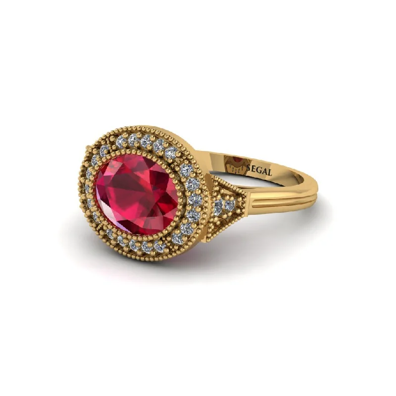 Trendy Stacking Rings For Fashion Lovers-Oval Cut Ruby Milgrain Halo Engagement Ring - Alexandria No. 10