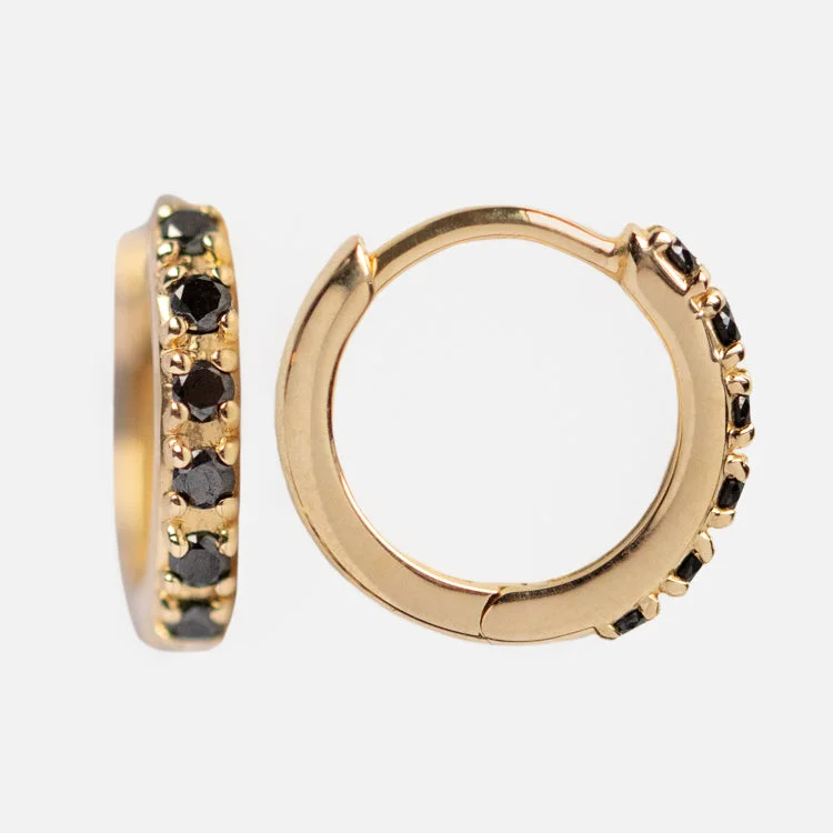 Crystal Earrings For Elegant Look-Solid Gold Black Diamond Huggie Hoops