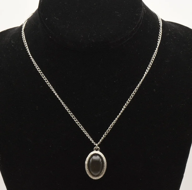 Elegant Chain Necklace For Evening Wear-Silver Tone Metal Gray Glass Cabochon Pendant on Chain Necklace - 16"