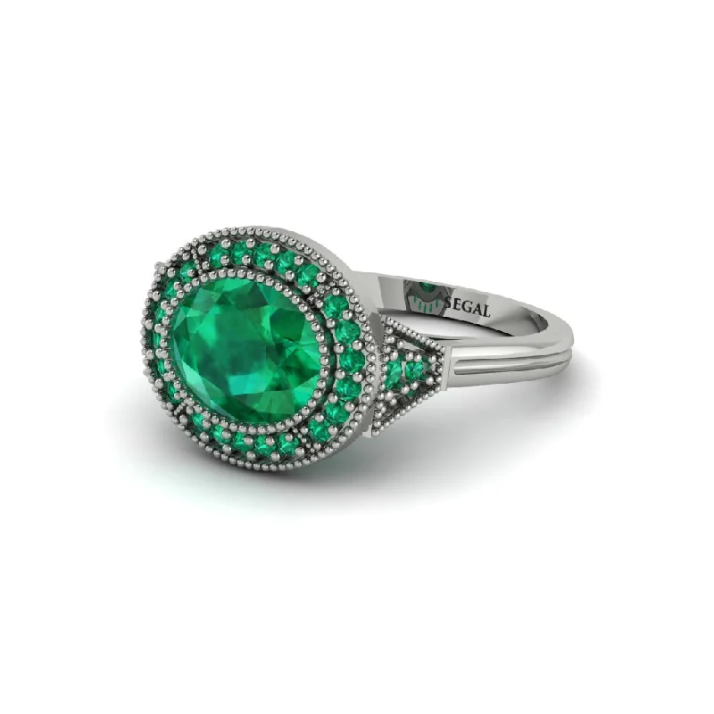 Personalized Birthstone Rings For Wedding Day-Oval Cut Emerald Milgrain Halo Engagement Ring - Alexandria No. 21