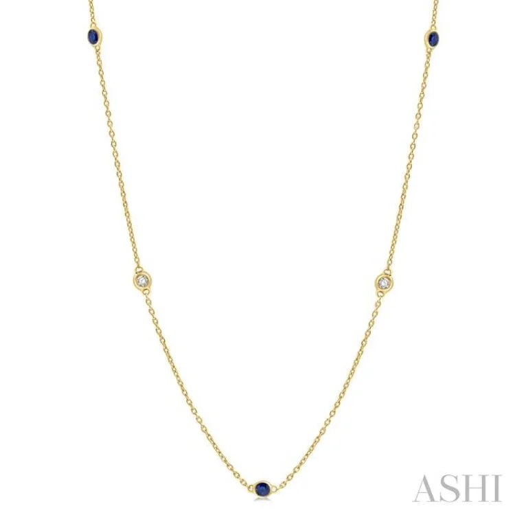 Gold Hoop Necklace For Casual Look-1/4 ctw Round Cut Diamond and 2.25MM Sapphire Precious Station Necklace in 14K Yellow Gold