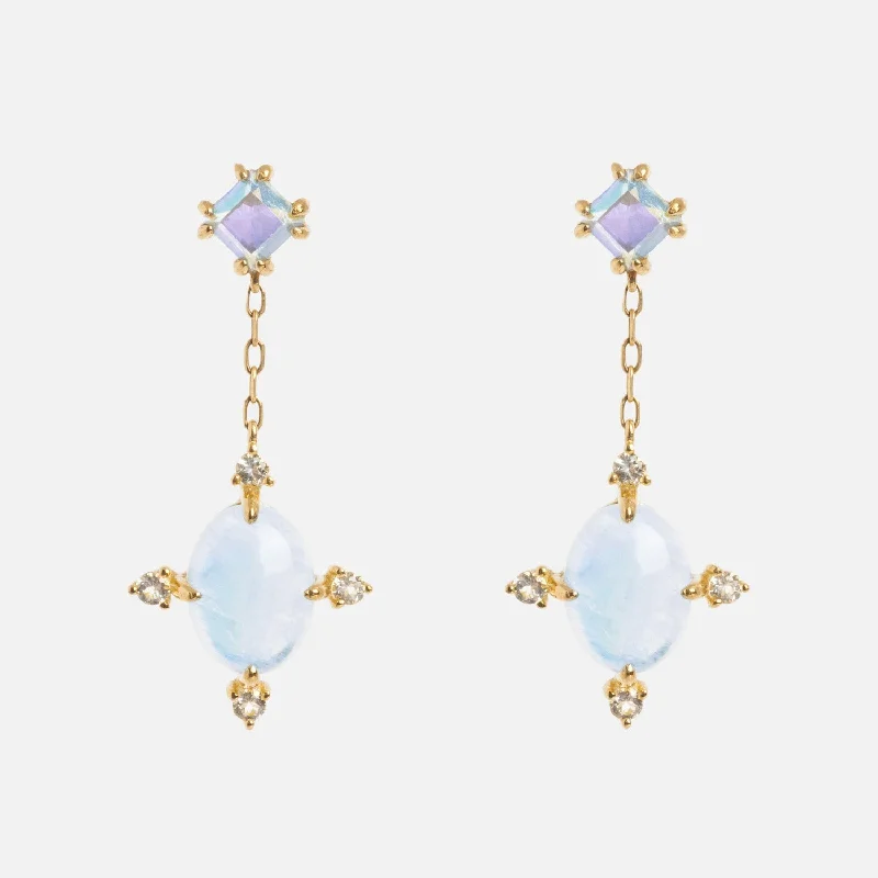 Chic Gold Earrings For Casual Look-Solid Gold Crystal Ball Moonstone Drop Earrings