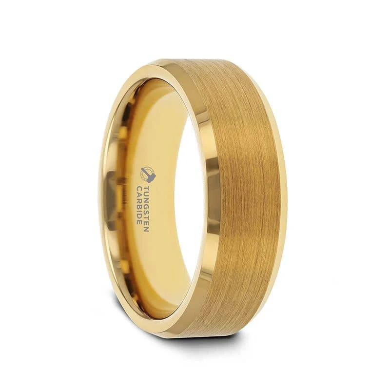 Luxury Diamond Wedding Rings For Brides-Thorsten HONOR Gold-Plated Tungsten Beveled Polished Edges Flat Ring with Brushed Center - 6mm & 8mm