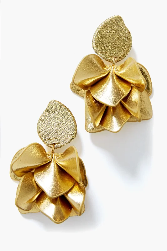 Elegant Gold Earrings For Evening Wear-Gold Silk and Leather Orchid Earrings