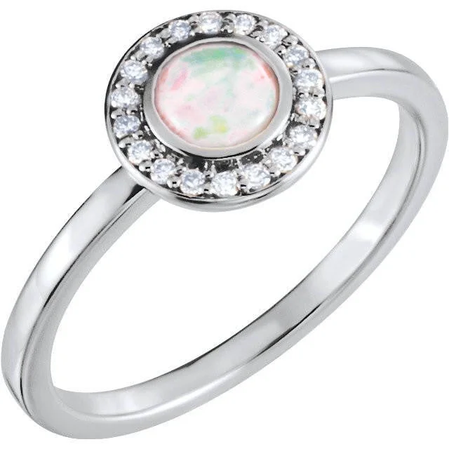 Trendy Engagement Rings For Modern Couples-14k White Rose or Yellow Gold Bezel Round Genuine Australian Opal & Diamond Halo Ring