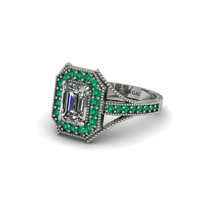 Sparkling Custom Wedding Rings For Bridesmaids-Emerald Cut Emerald Milgrain Halo Engagement Ring - Xanthe No. 18