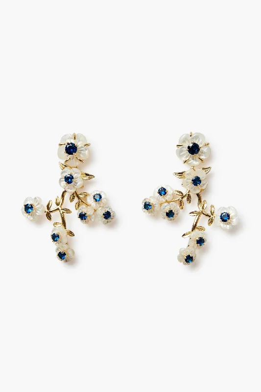 Simple Hoop Earrings For Wedding-Medium Blue Pearl Flower Cluster Vine Earrings