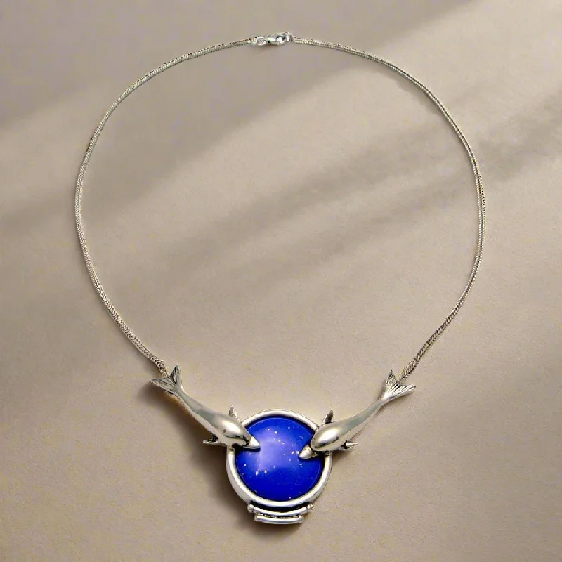 Elegant Heart-Shaped Necklace For Romantic Occasions-Minoan Dolphins Lapis Lazuli Sterling Silver Necklace (PE-14)