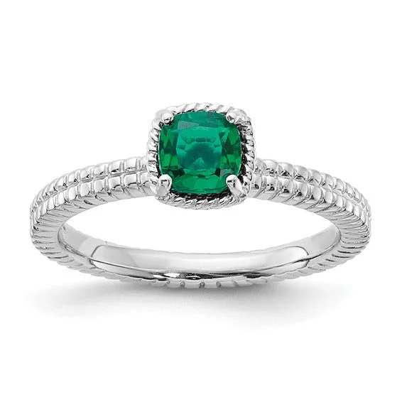 Trendy Engagement Rings With Colored Stones For Brides-Sterling Silver Stackable Expressions Created Emerald Cushion Ring