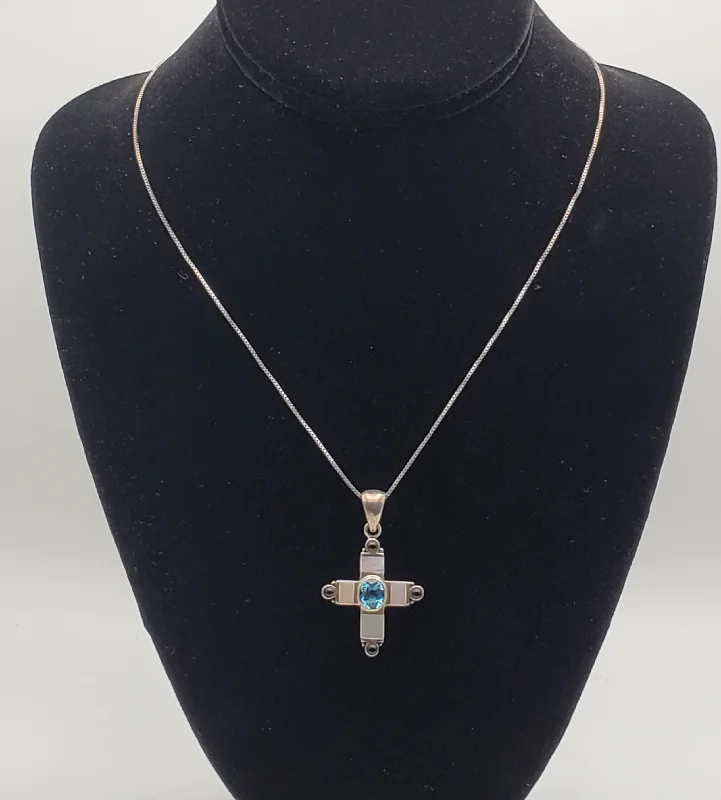 Dainty Silver Necklace For Everyday Outfits-Blue Topaz, Mother of Pearl, Enamel Cross Pendant on Sterling Silver Chain Necklace - 18"