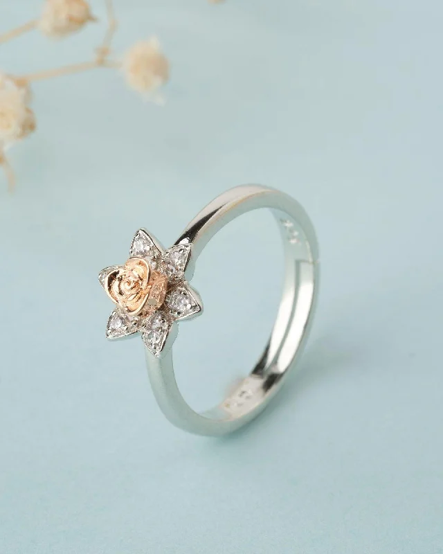 Luxury Gold Rings For Wedding Day-925 Sterling Silver Beautiful Rose Ring R01599