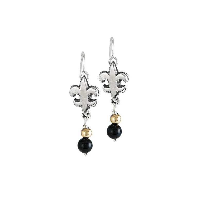 Sterling Silver Earrings For Weddings-Fleur de Lis Black & Gold Earrings