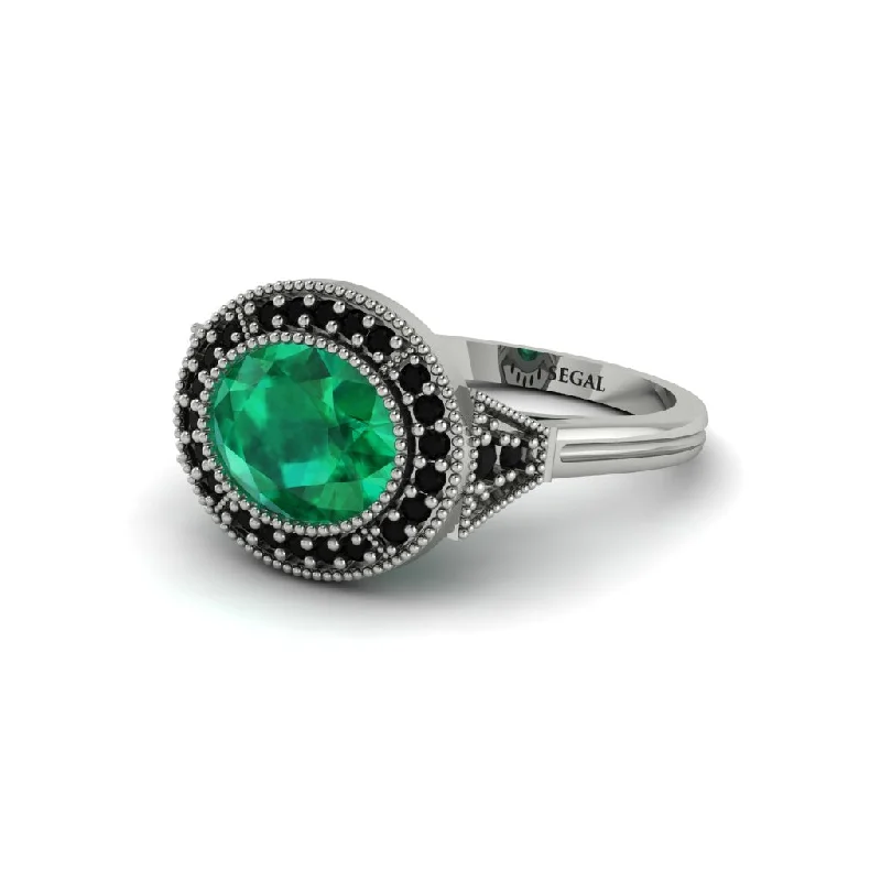 Personalized Stacking Rings For Casual Wear-Oval Cut Emerald Milgrain Halo Engagement Ring - Alexandria No. 36