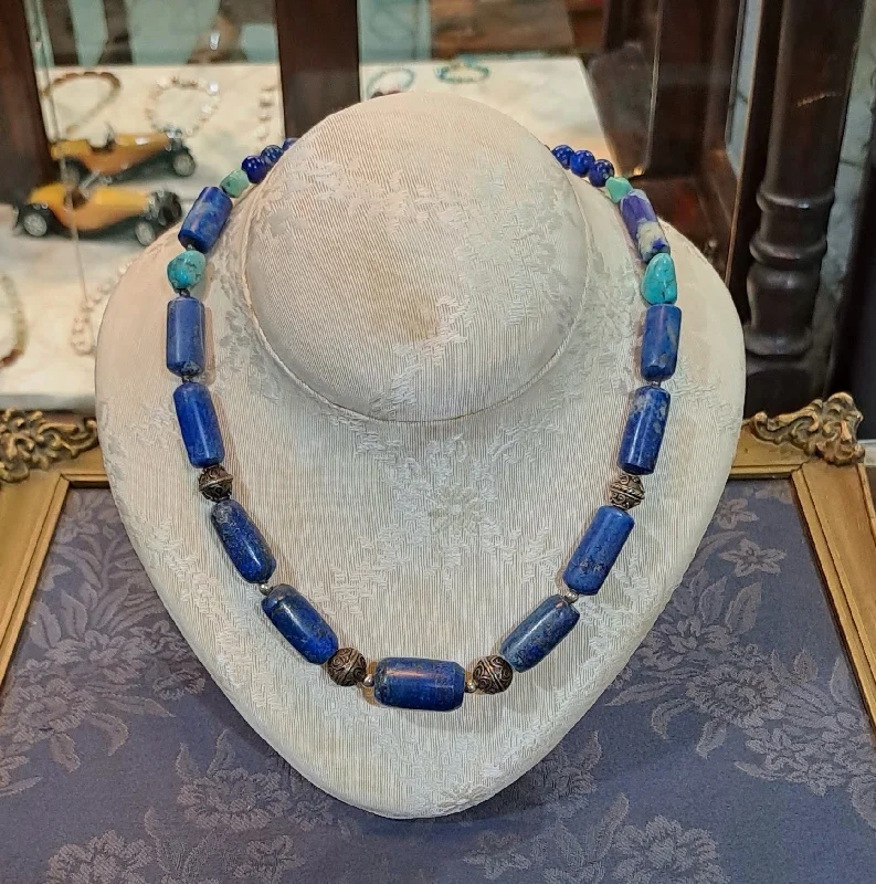 Trendy Layered Necklace For Fashionistas-Necklace with old Lapis Lazuli & old Turquoise and sterling silver elements