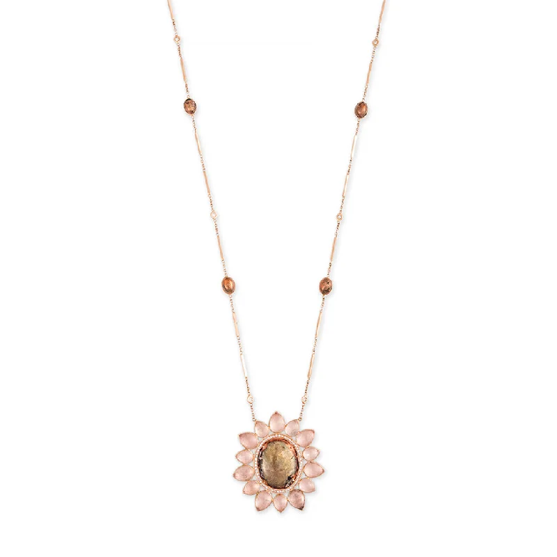 Elegant Rose Gold Necklace For Weddings-COPPER + MOONSTONE BLOSSOM SMOOTH BAR DIAMOND NECKLACE