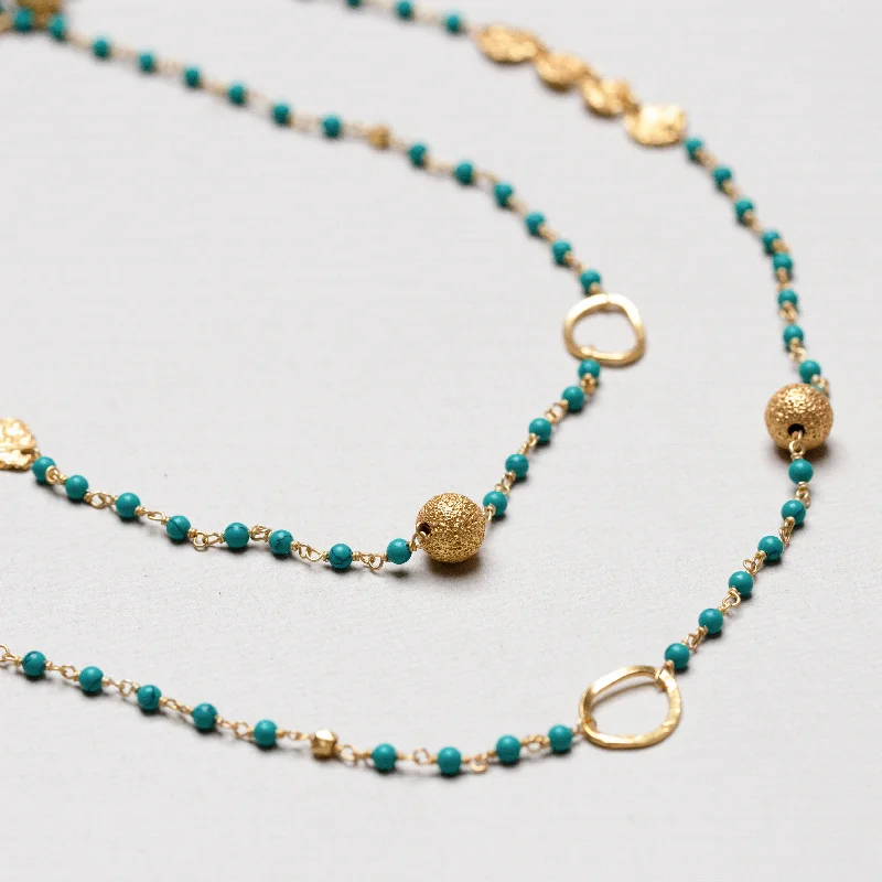 Colorful Beaded Necklace For Holiday Look-Long Gold Chain Necklace with Green Turquoise Beads