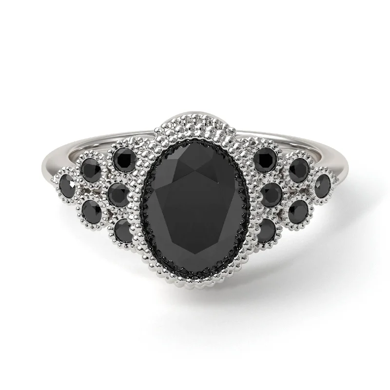 Trendy Engagement Rings With Colored Stones-Black Diamond Milgrain Beaded Bezel Engagement Ring - Stacy No. 39