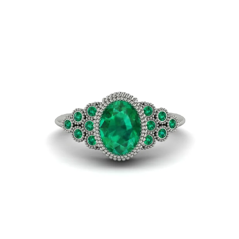 Luxury Platinum Wedding Rings For Couples-Emerald Milgrain Beaded Bezel Engagement Ring - Stacy No. 21