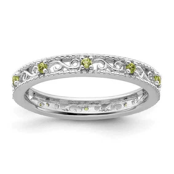 Personalized Promise Rings For Romantic Occasions-Sterling Silver Stackable Expressions Peridot Filigree Ring - Size 7