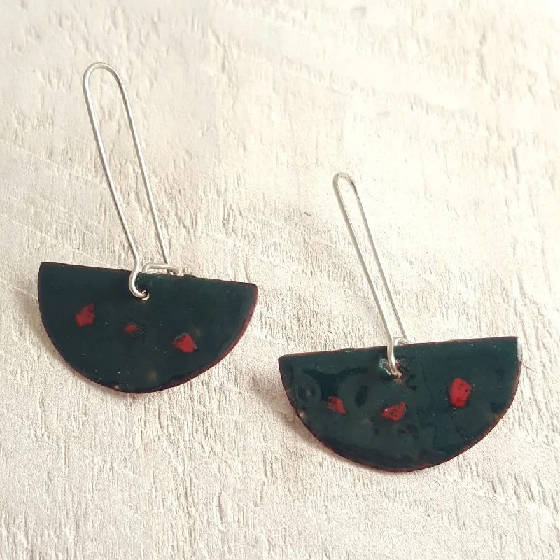 Handcrafted Gemstone Earrings For Gifts-Dark Green Semicircle Enamel Earrings