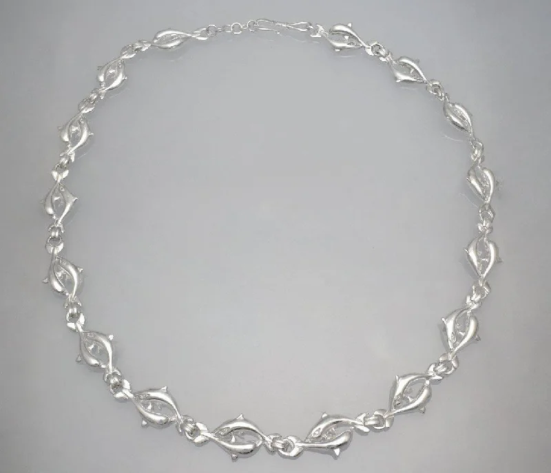 Long Statement Necklace For Special Occasions-Minoan Dolphins Racing Sterling Silver Necklace (PE-13)