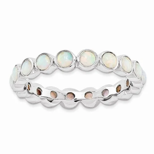 Personalized Birthstone Wedding Bands For Her-Sterling Silver Stackable Expressions Round Created Opal Eternity Ring